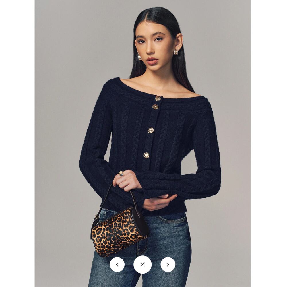 Commense Multi-Way Cable Knit Boat Neck Metal Detail Knitted Top Sz S